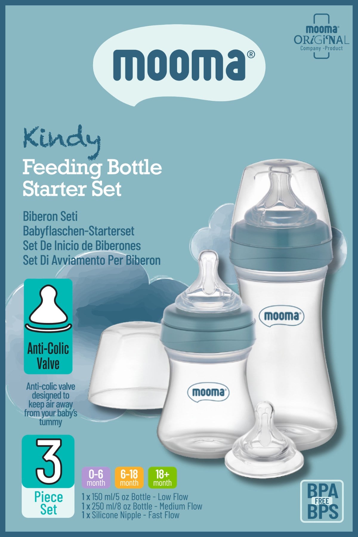 Kindy Doğal Tepkili Antikolik 150 ml, 250 ml PP 0+ Ay Biberon Başlangıç Seti - Ball Blue