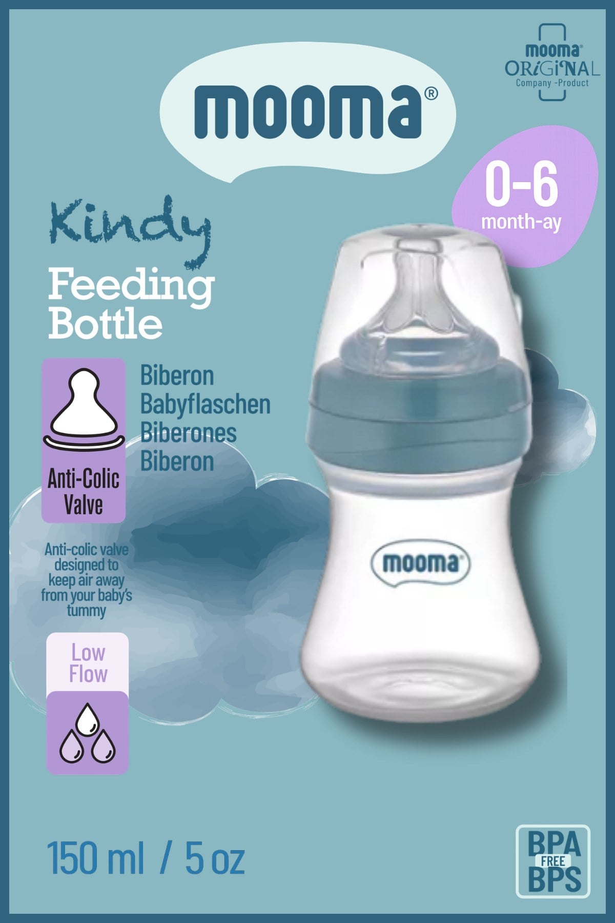 Kindy Doğal Tepkili Antikolik PP Biberon 150 ml 0–6 Ay (Yavaş Akış) – Ball Blue | BPA & BPS İçermez