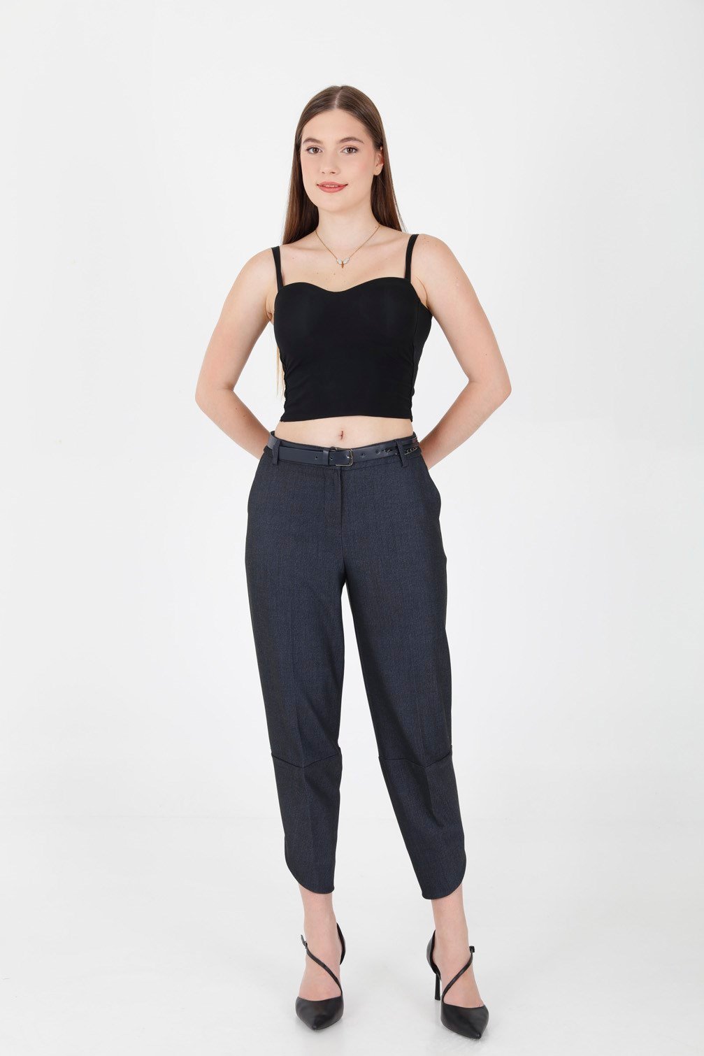 Aksesuarlı Paça Detaylı Denim Görünüm Kumaş Pantolon Lacivert