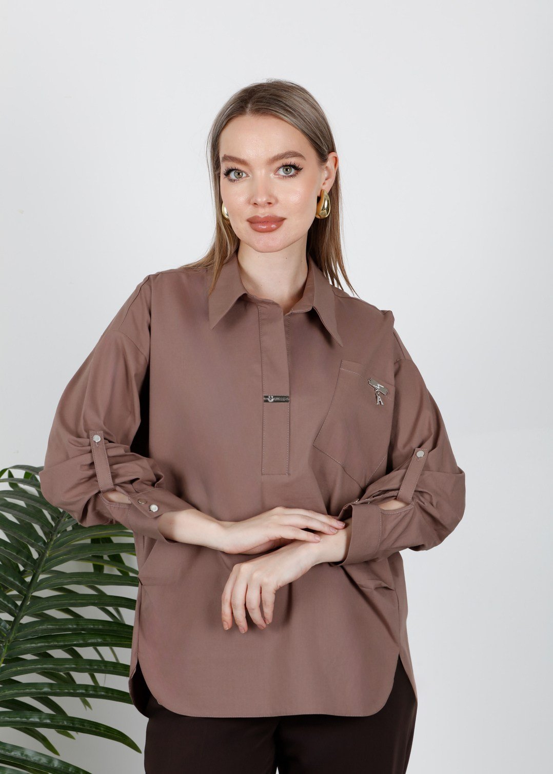 Ayarlanabilir Uzun Kollu Cepli Toptan Oversize Kadın Gömlek Vizon