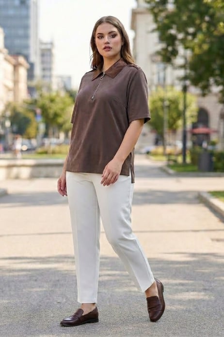 KAHVERENGİ SATEN YAKA FERMUARLI T-SHIRT