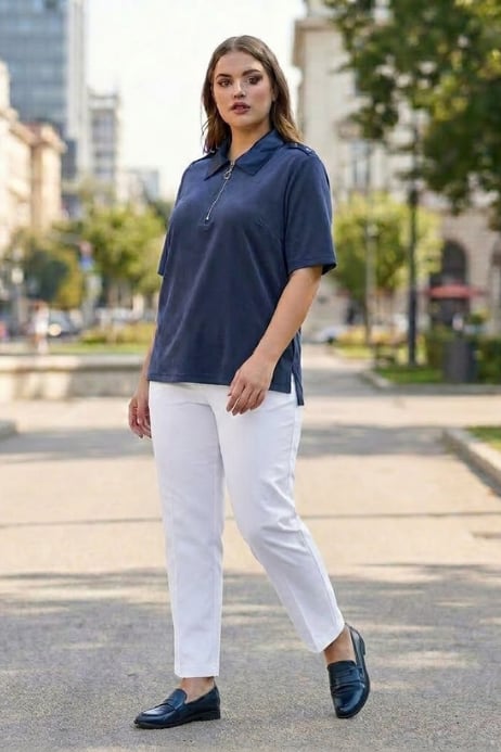 LACİVERT SATEN YAKA FERMUARLI T-SHIRT