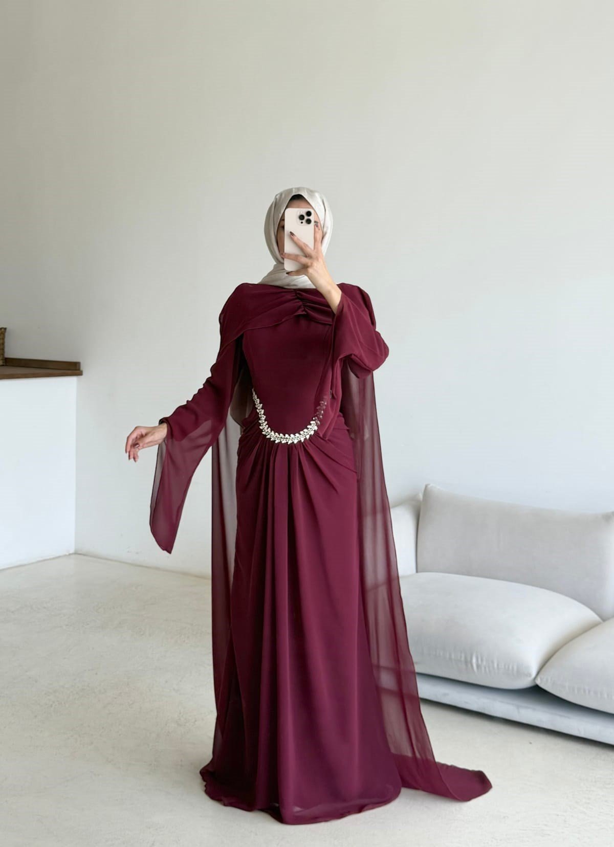 Pelerinli Şifon Abiye Bordo