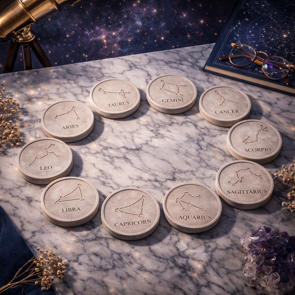 12’li Burç Bardak Altlığı Seti – El Yapımı Beton Zodiac Koleksiyon
