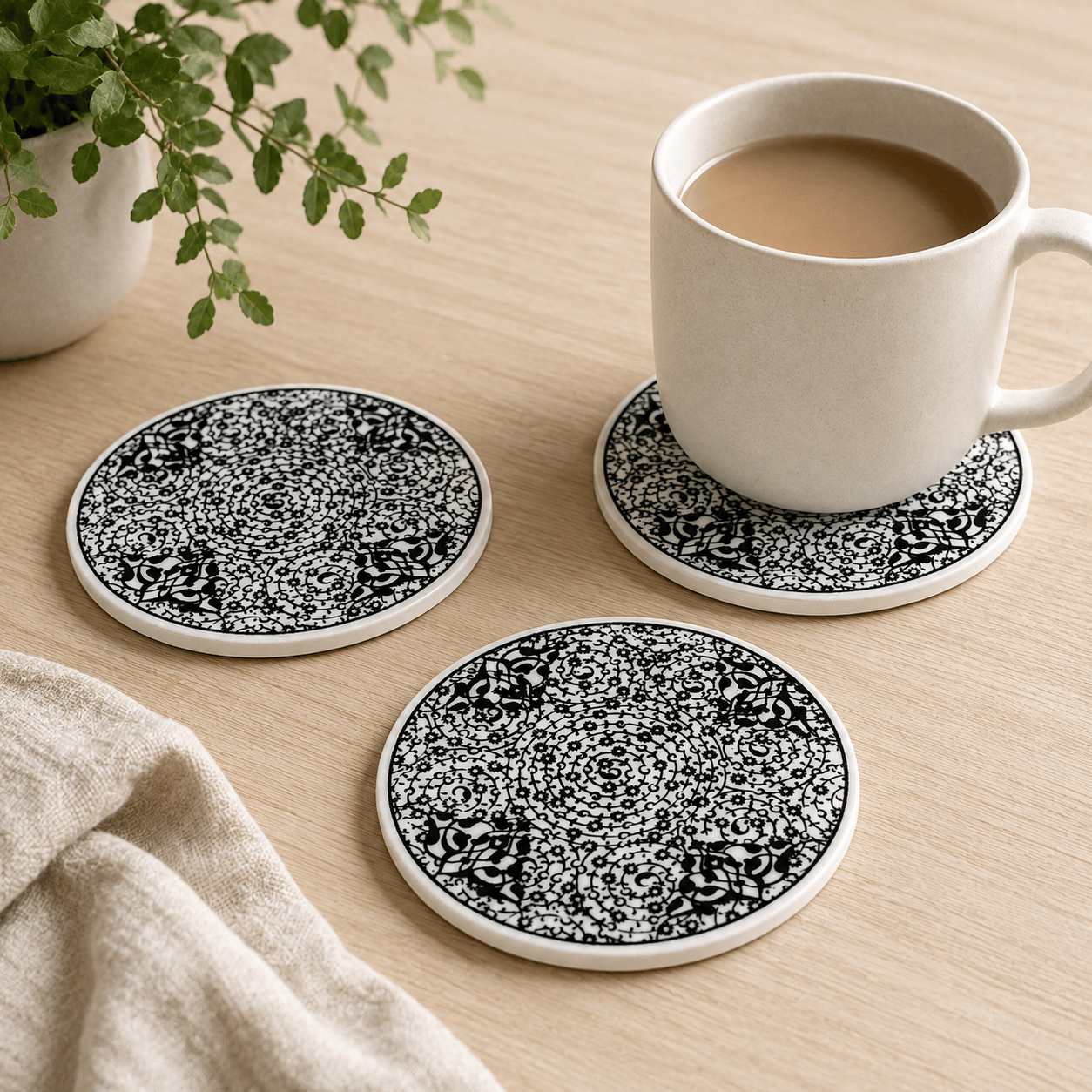 Geometrik ve Motifli Seramik Bardak Altlığı 4'lü Set