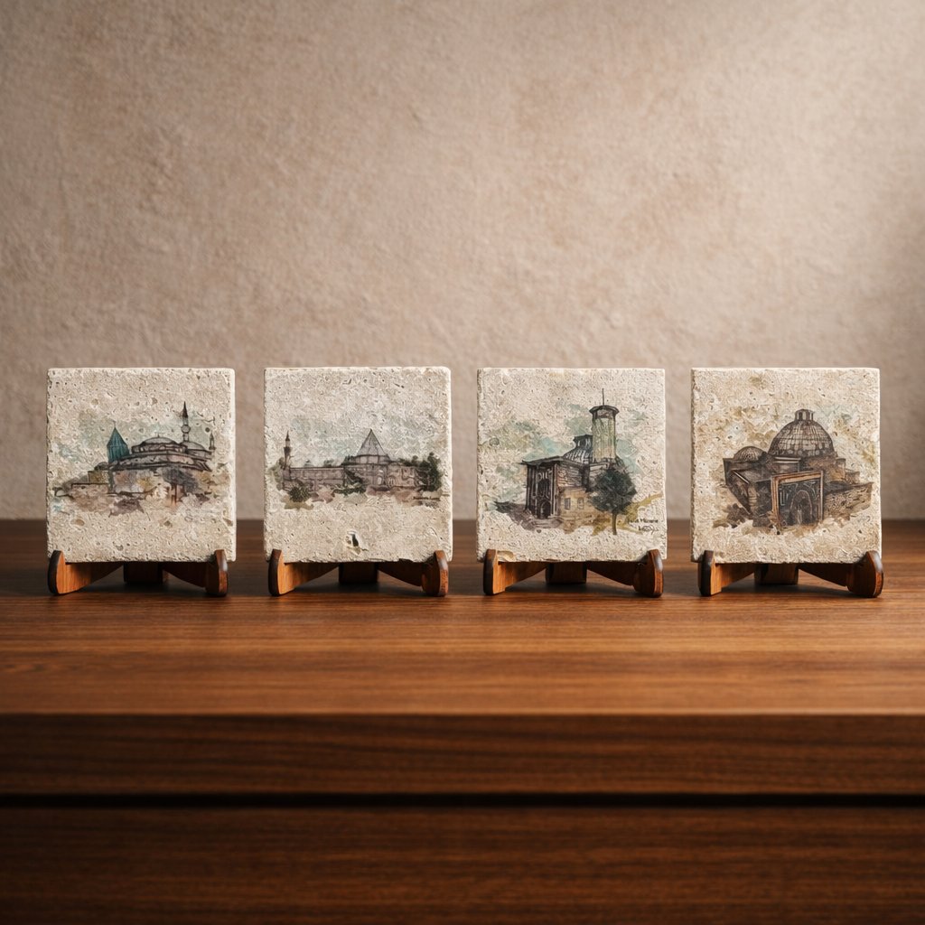 Konya Koleksiyonu Traverten Pano 4’lü Set – Doğal Taş Dekoratif Masa Panosu