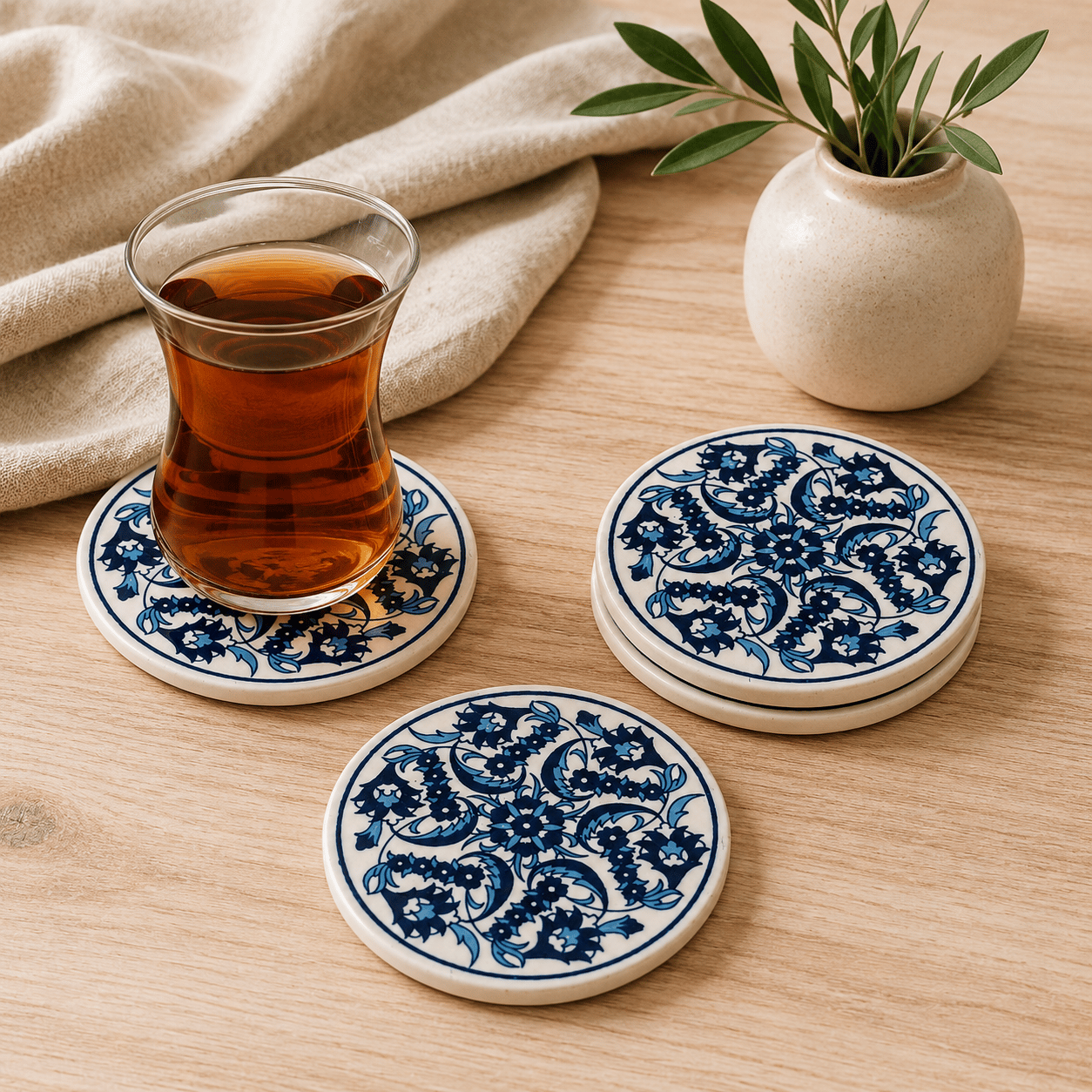 Mavi Desenli Seramik Bardak Altlığı 4'lü Set