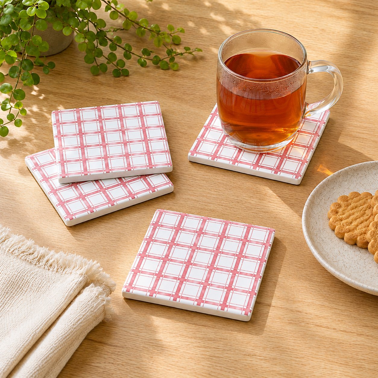Pembe Çizgili Seramik Bardak Altlığı 4'lü Set