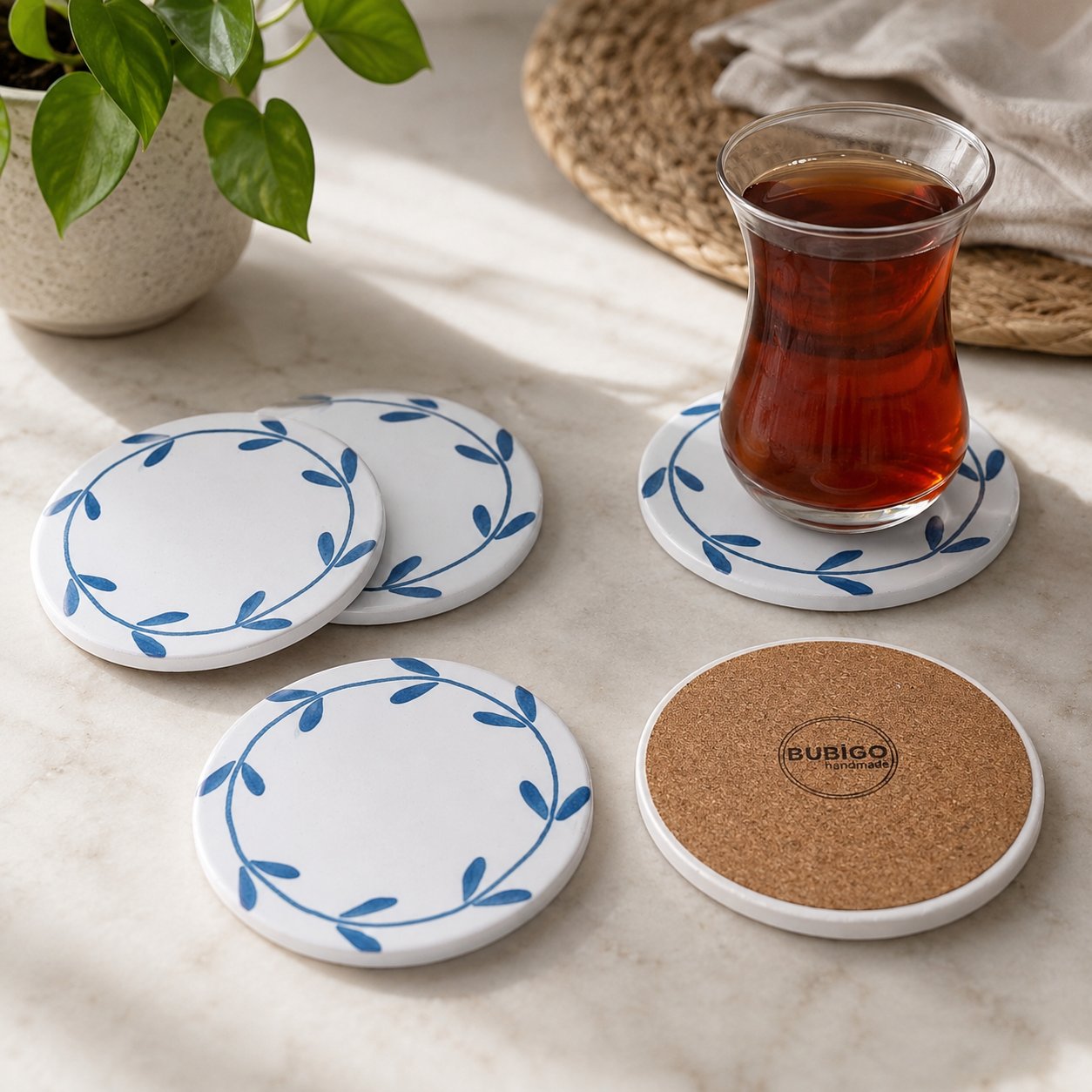 Yaprak Desenli Yuvarlak Seramik Bardak Altlığı 4'lü Set