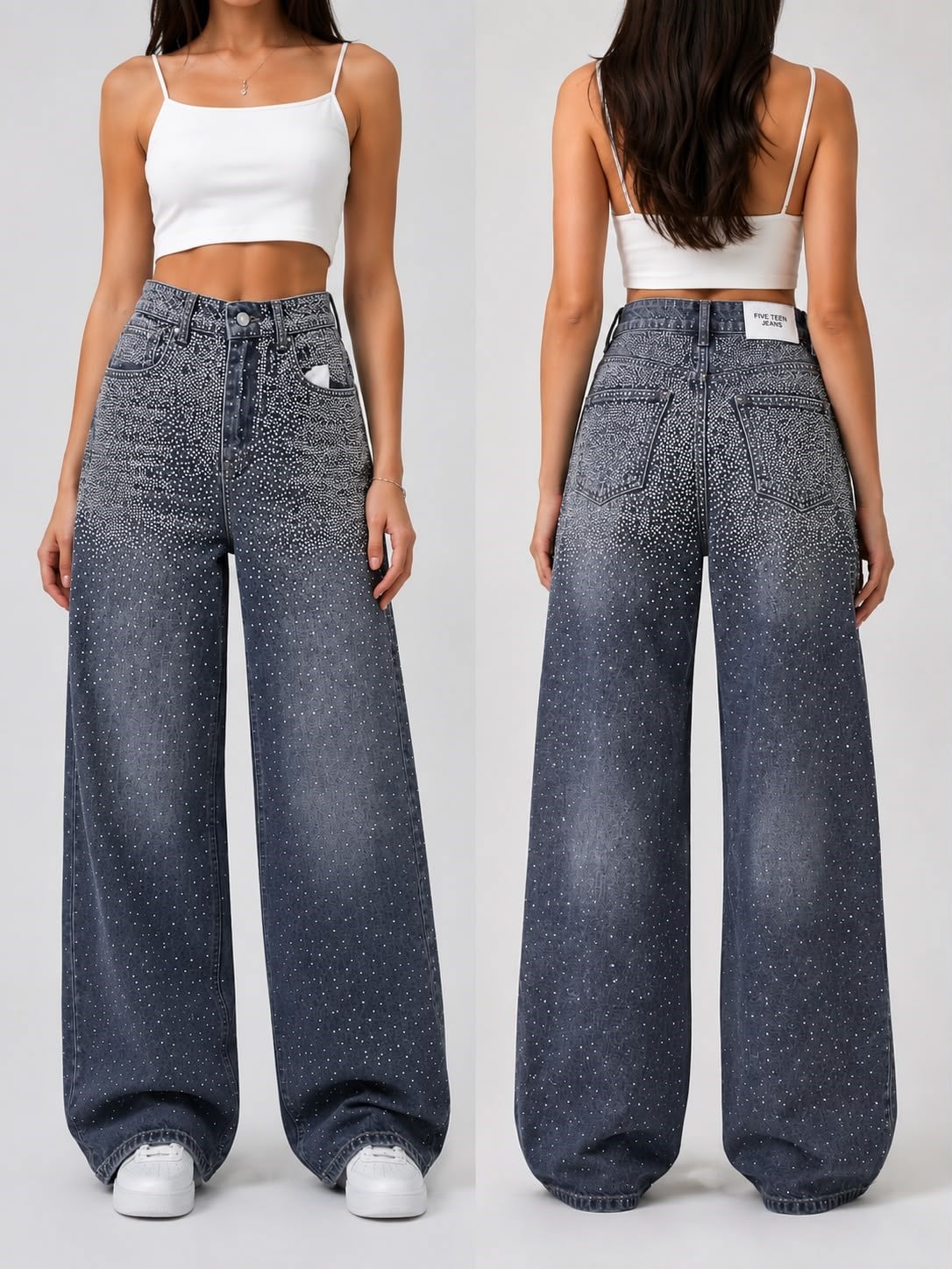 füme wide leg taşlı jean