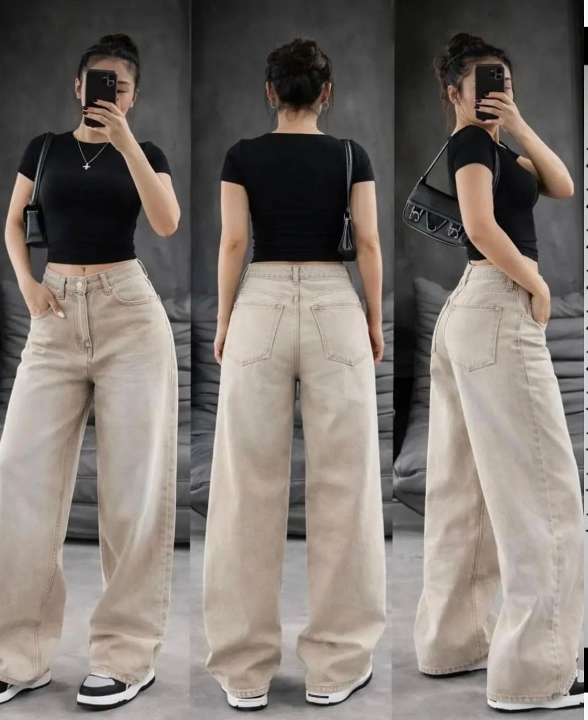 Kadın Bej Retro Baggy Jean Pantolon