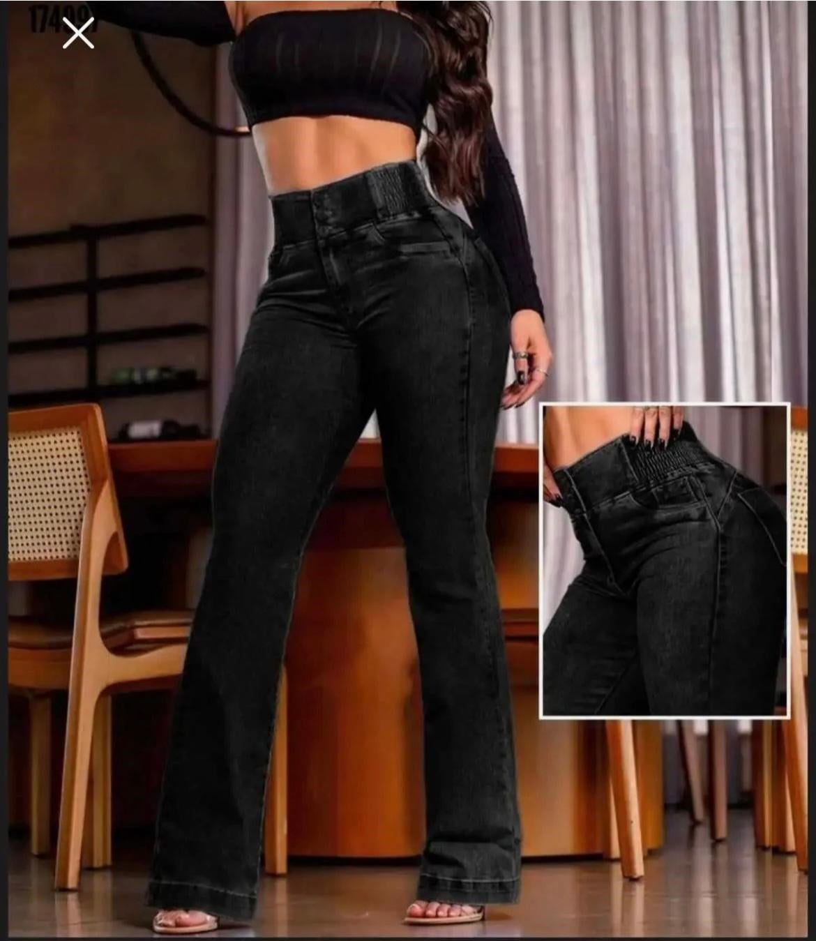 Siyah Beli Lastikli İspanyol Paça Jean Pantolon