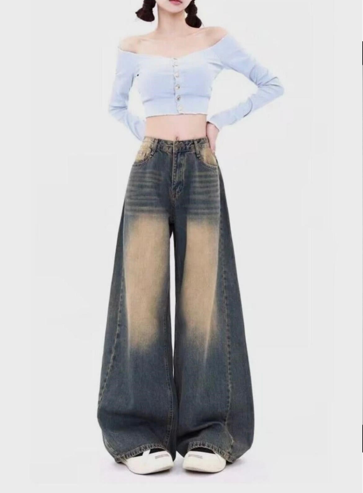 Yıkamalı Baggy Jean Pantalon