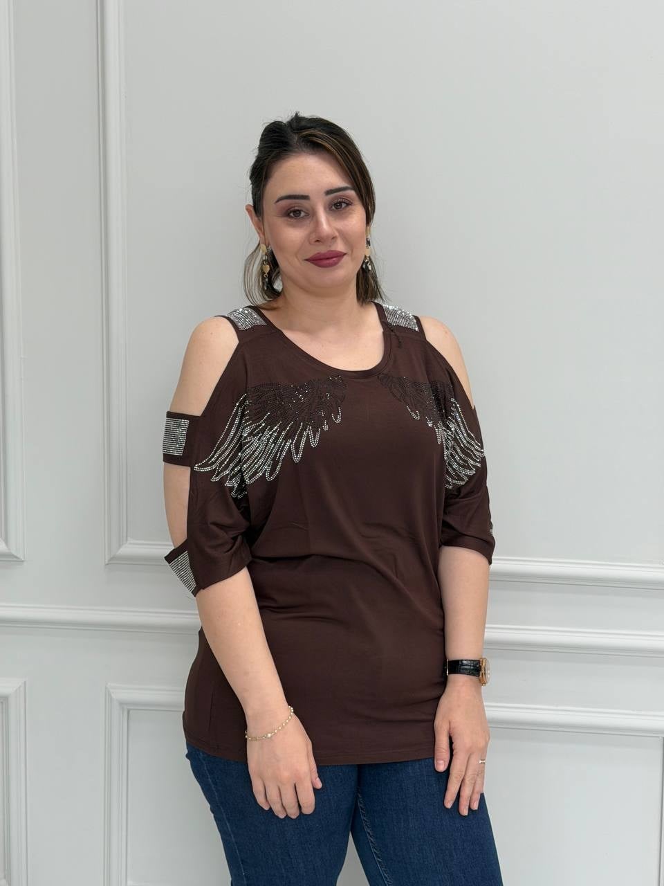 Melek Taşlı Kahve Bluz