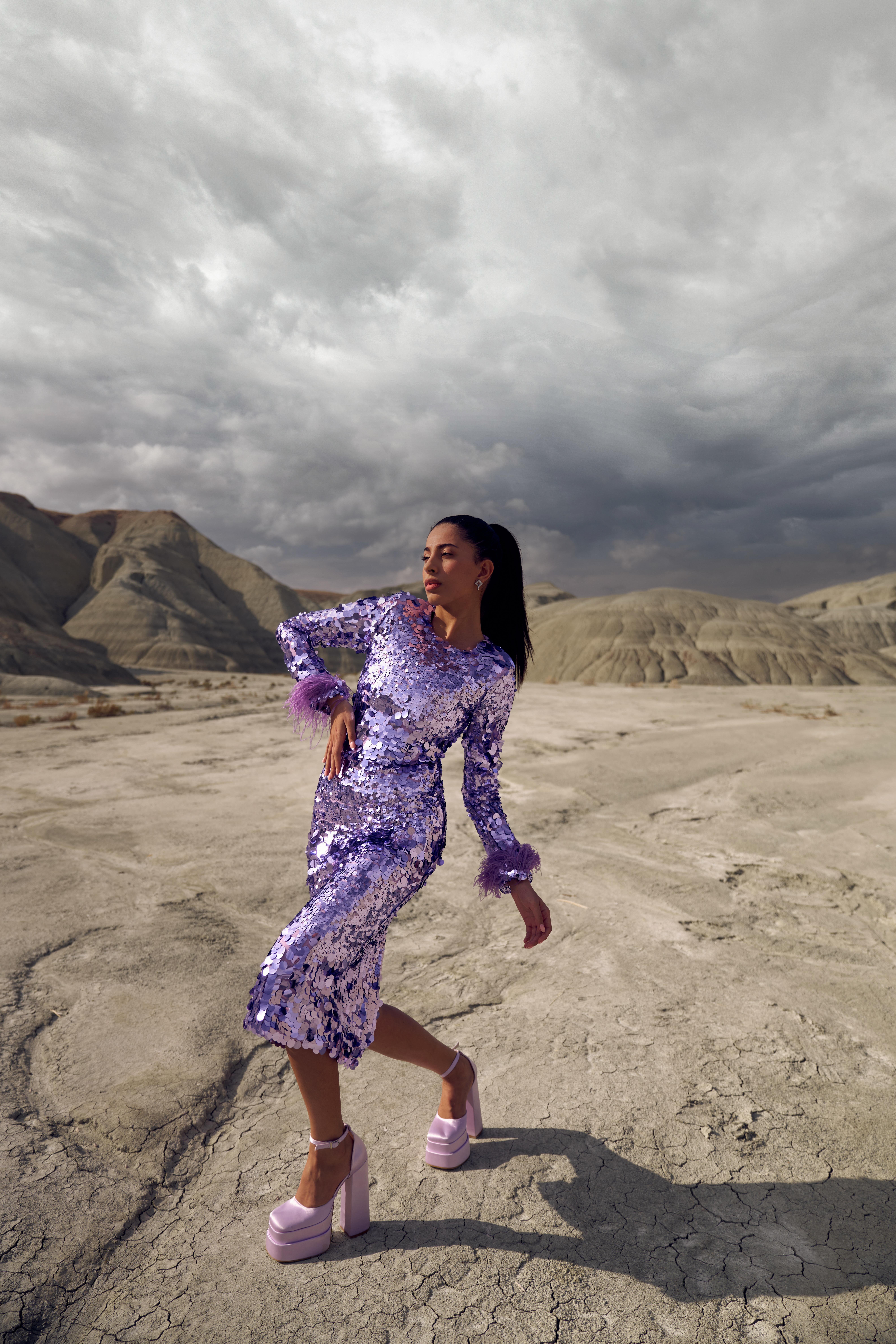 Purple Sequined Midi Dress