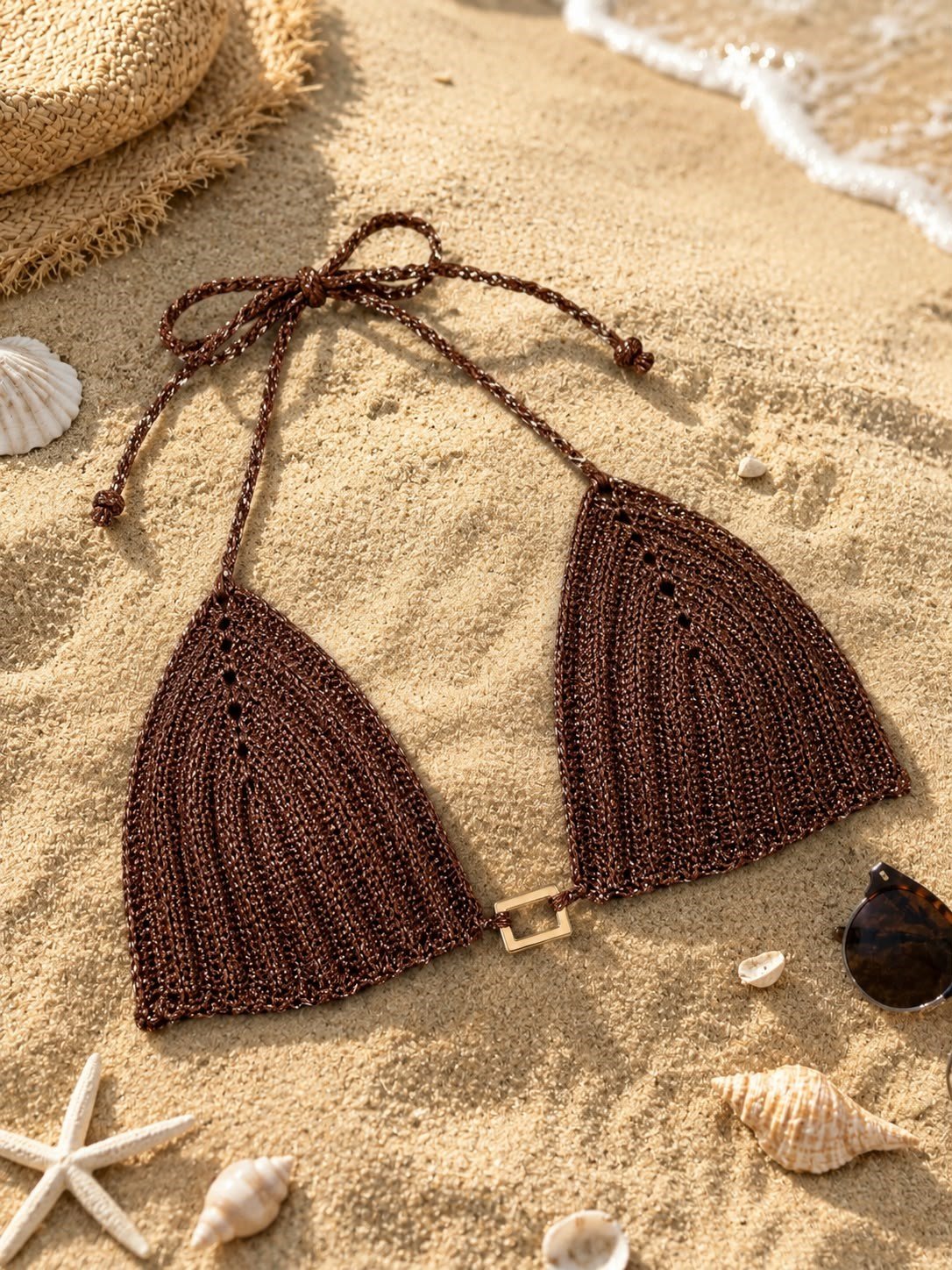 El Yapımı Tığ Örgü Kahverengi Bikini Üstü  Sütyen Büstiyer