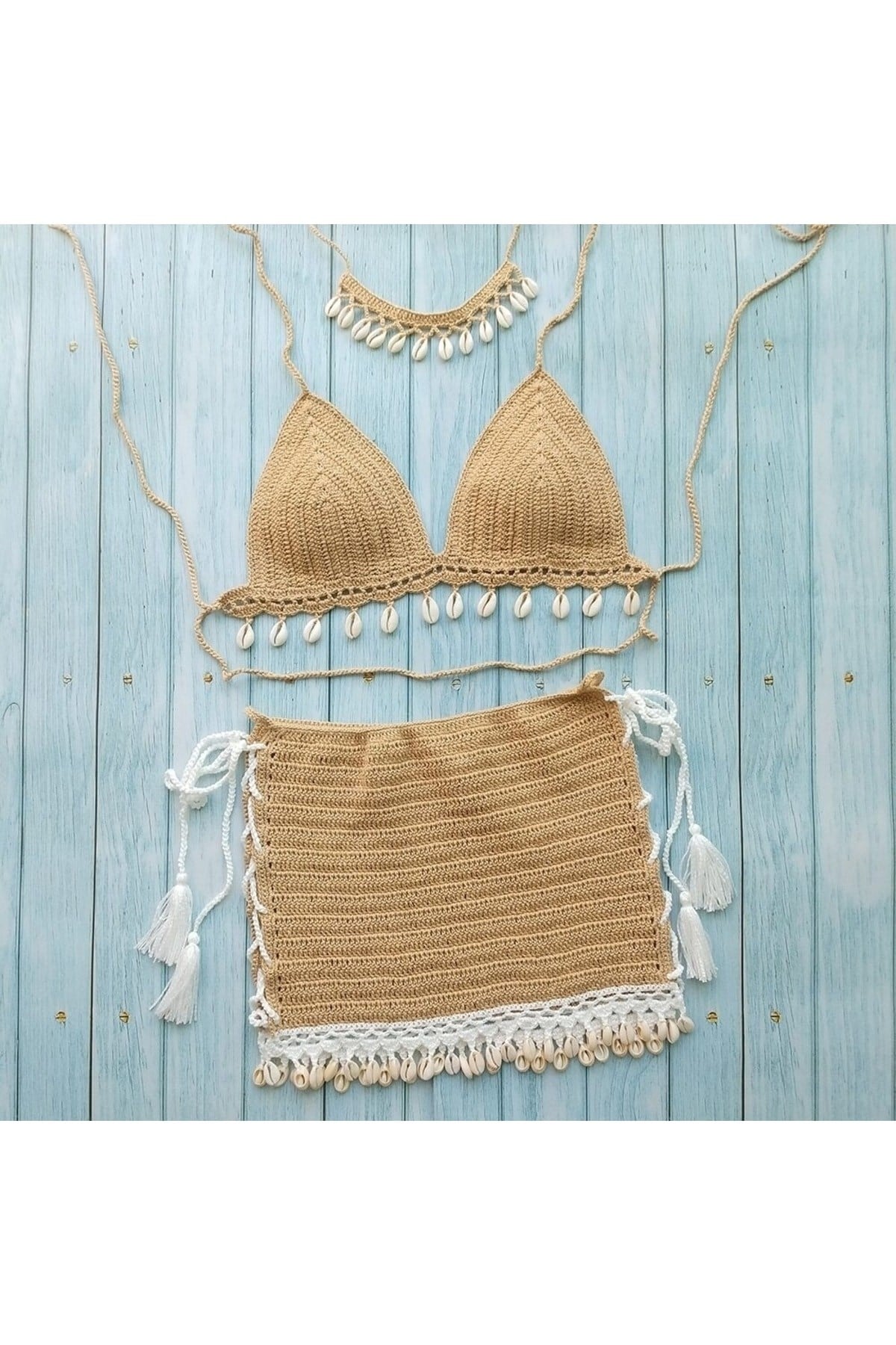 Tığ Örme Deniz Kabuklu Pareo Etekli Bikini Takım