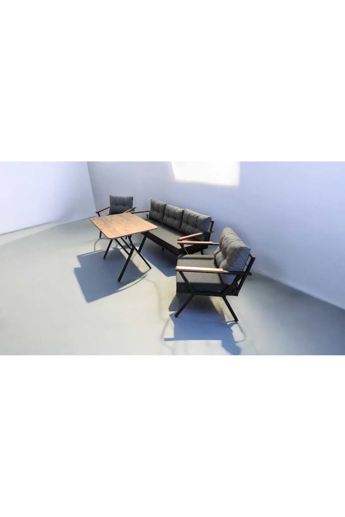 Pi Locca Bahçe Balkon Mobilyası Antrasit Gri 3+1+1 ve Perla Çam Masa