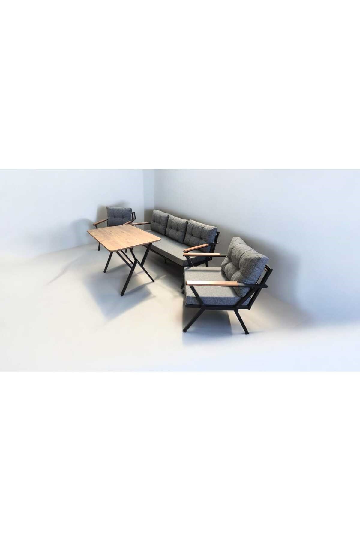 Pi Locca Bahçe Balkon Mobilyası Gri 3+1+1 ve Perla Çam Masa