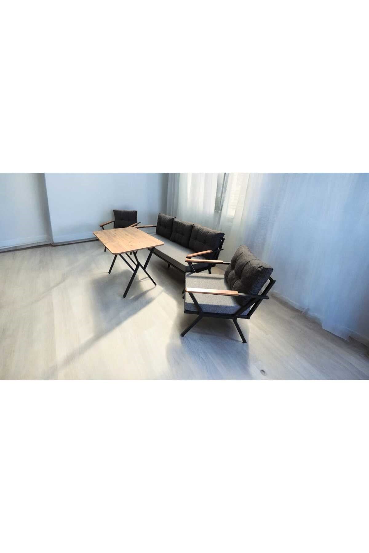 Pi Locca Bahçe Balkon Mobilyası Gri Antrasit 3+1+1 ve Perla Çam Masa