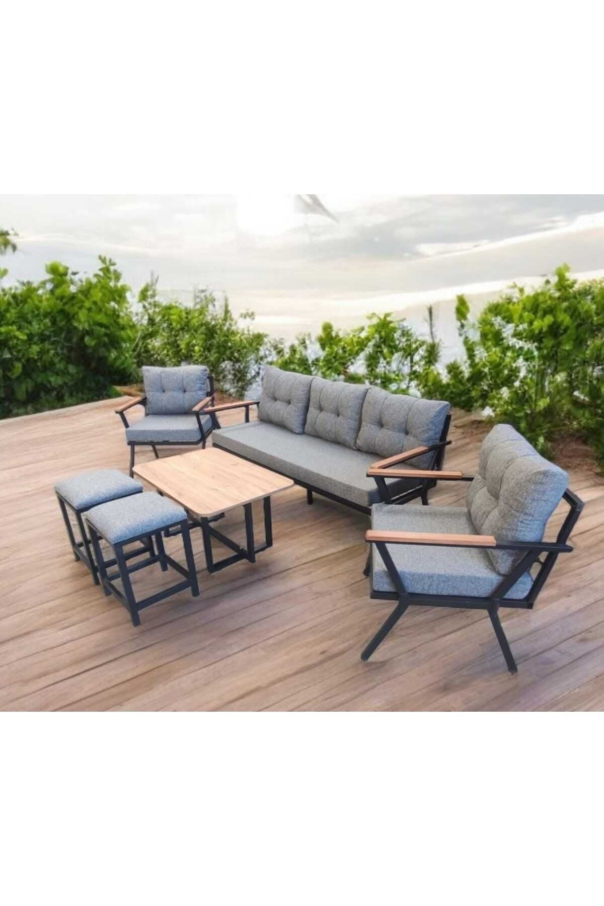 Pi Locca Bahçe Ve Balkon Mobilyası Gri 3 1 1 Sehpalı Gri 2 Puflu