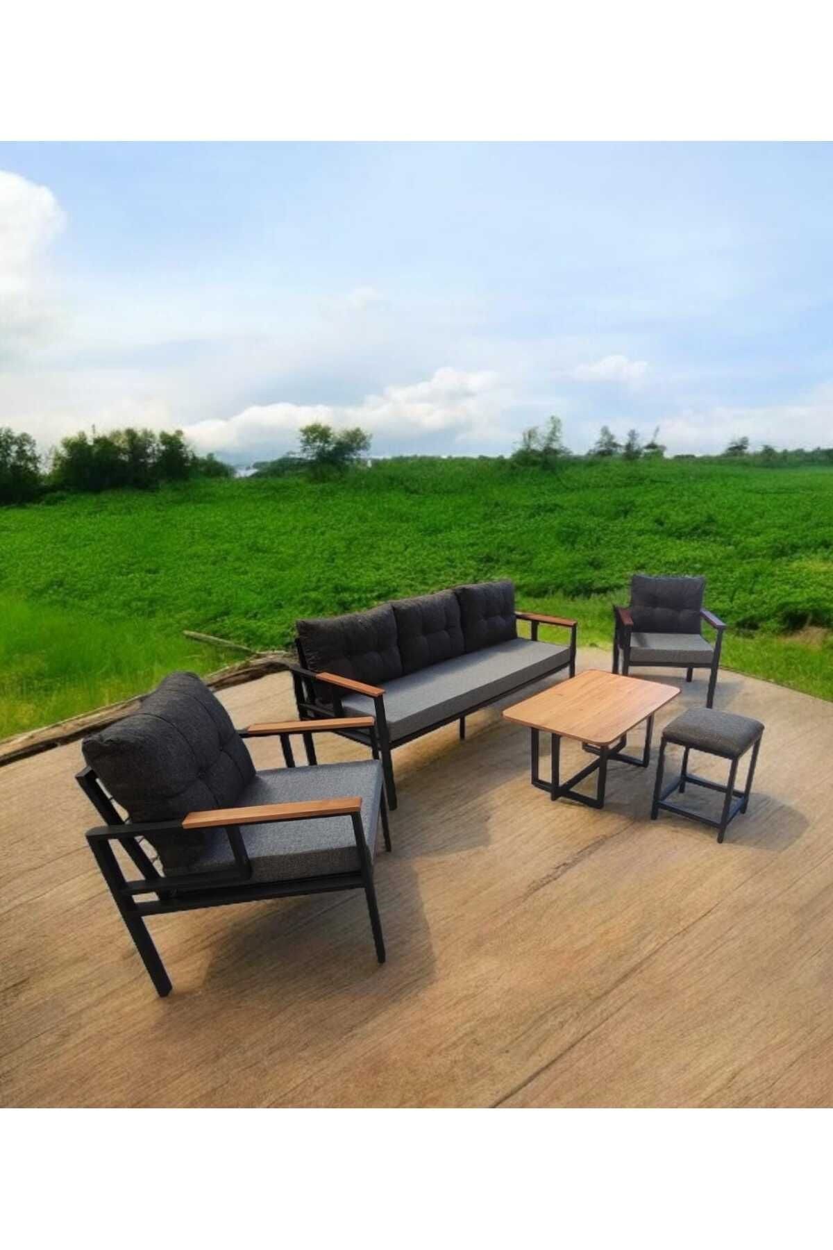 Pimango Pielize Bahçe Ve Balkon Mobilyası Gri Antrasit 3+1+1 Sehpalı ve Puflu