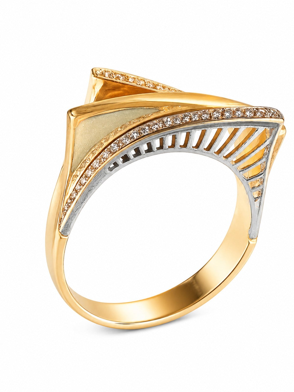14 Ayar Altın Çift Renkli Zirkon Taşlı Modern ve Gösterişli Tasarım Kadın Yüzük  