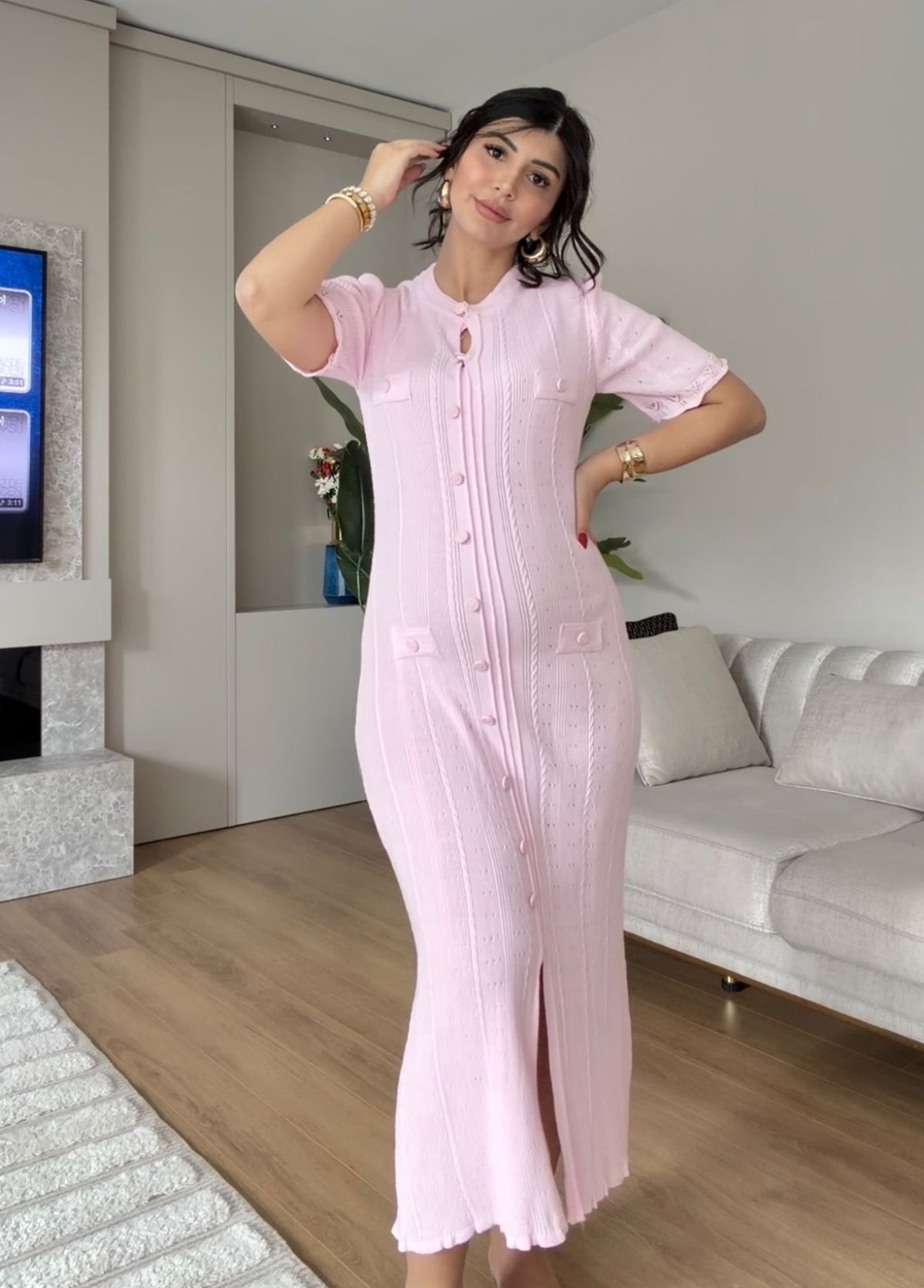 DÜĞMELİ TRİKO ELBİSE - PEMBE 