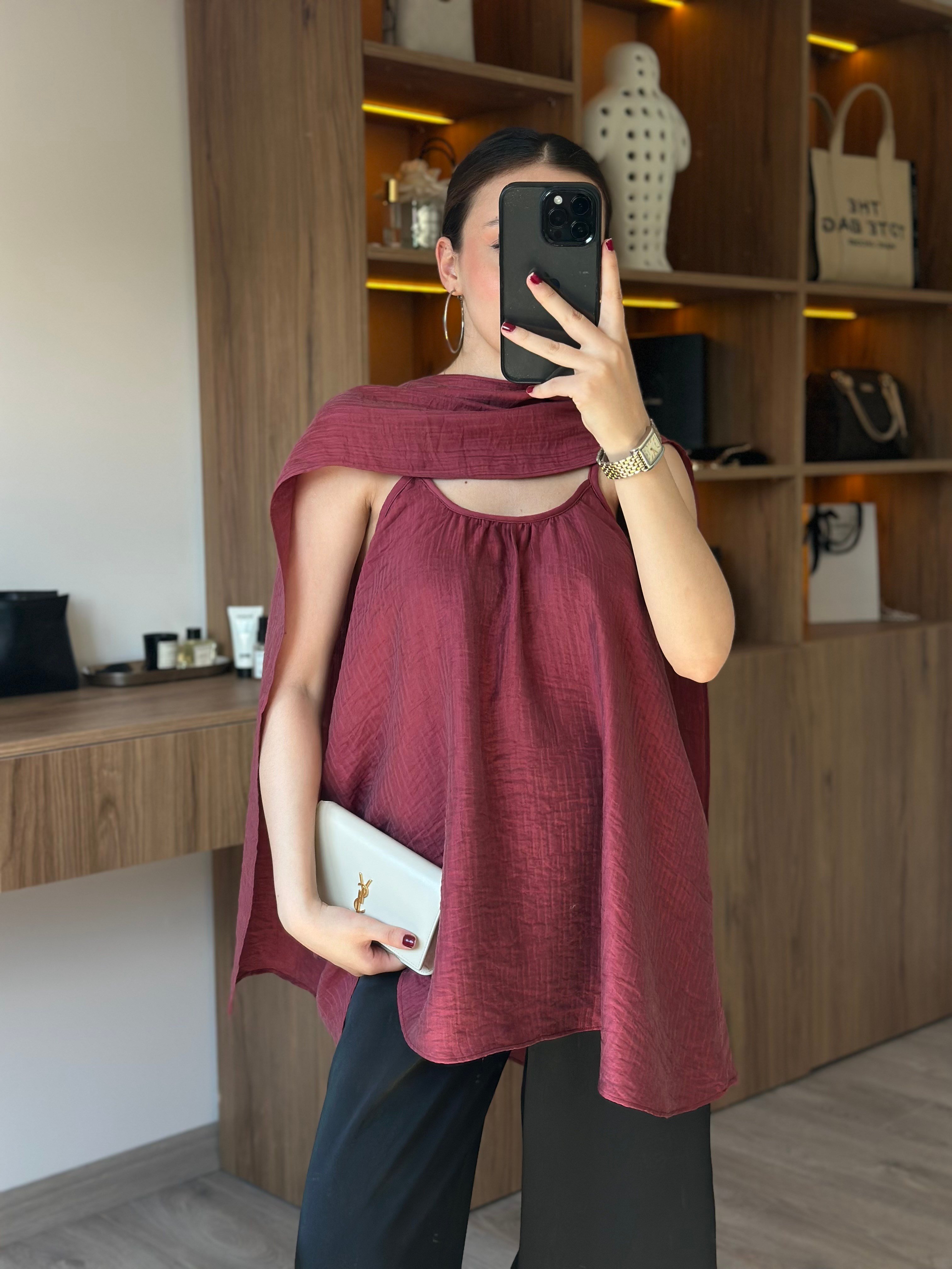 Lora Şal Detaylı Bluz - Bordo