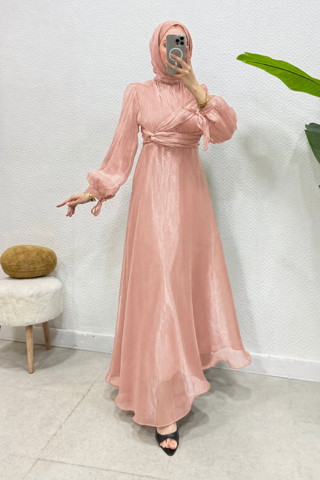 Ala Model Yandan Dolamalı Janjan Kumaş Tesettür Abiye- Somon