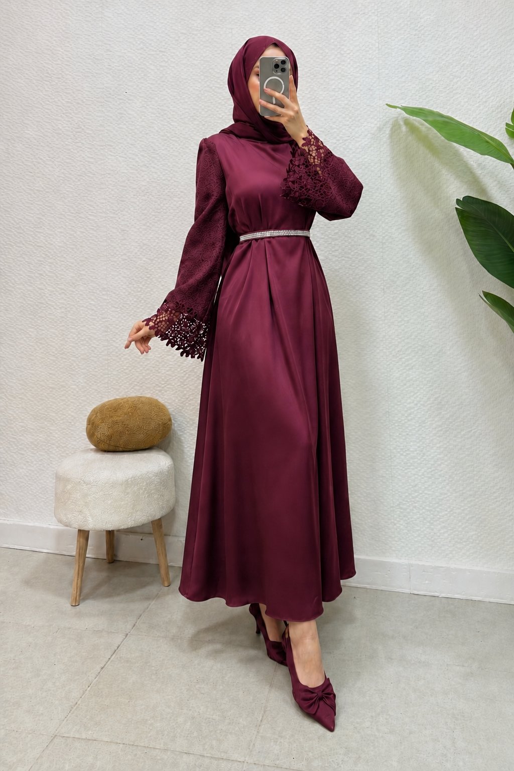 Lacel Dantelli Kemeri Taşlı Saten Tesettür Abiye- Bordo