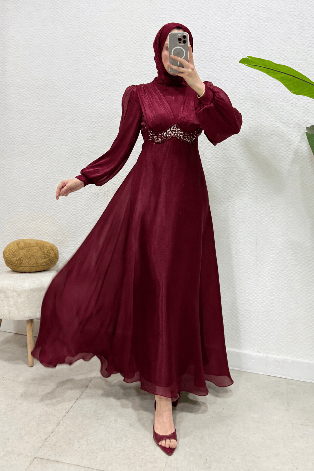 Mosera Janjan Kumaş Beli Taşlı Tesettür Abiye- Bordo