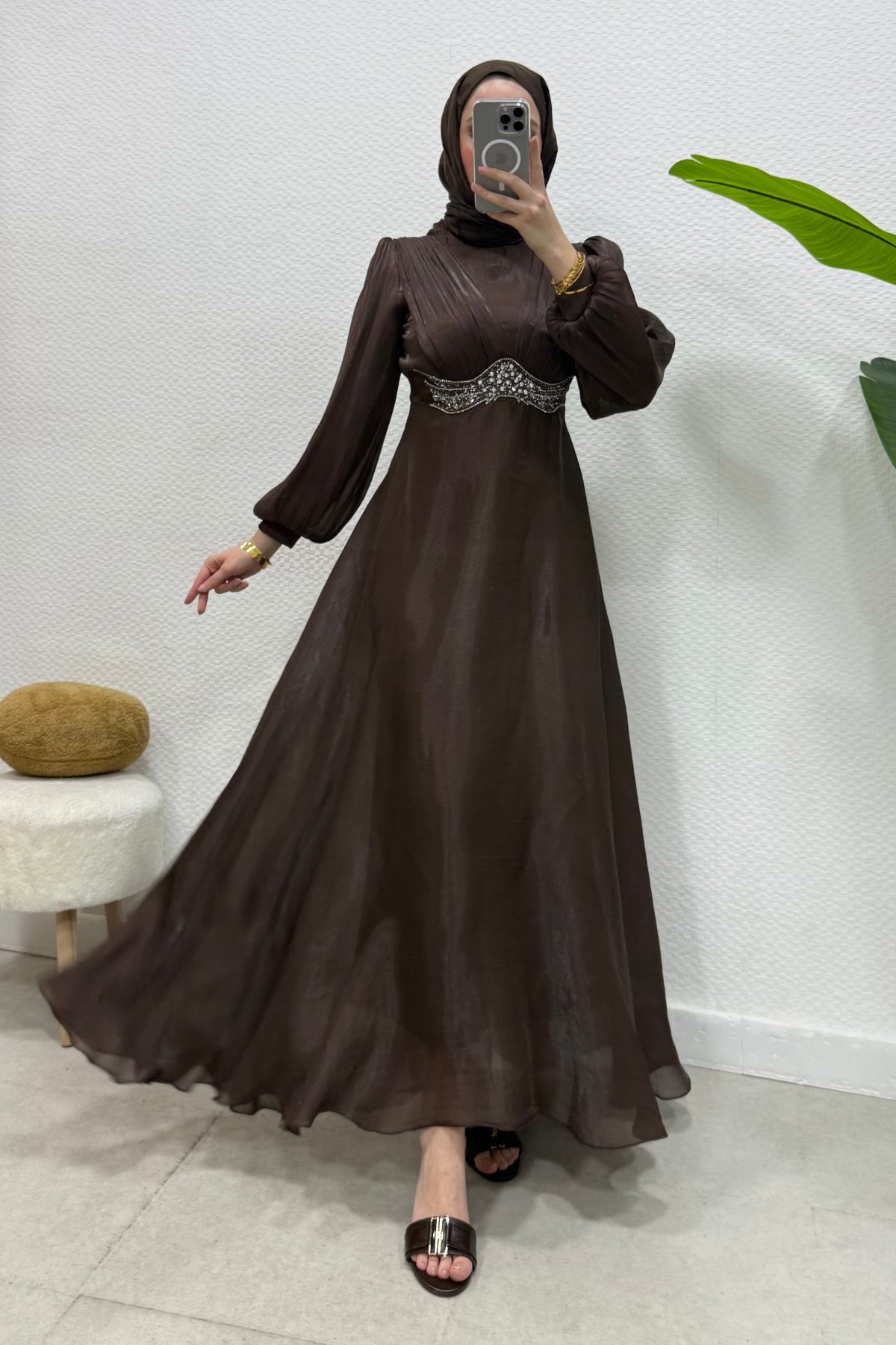 Mosera Janjan Kumaş Beli Taşlı Tesettür Abiye- Acı Kahve