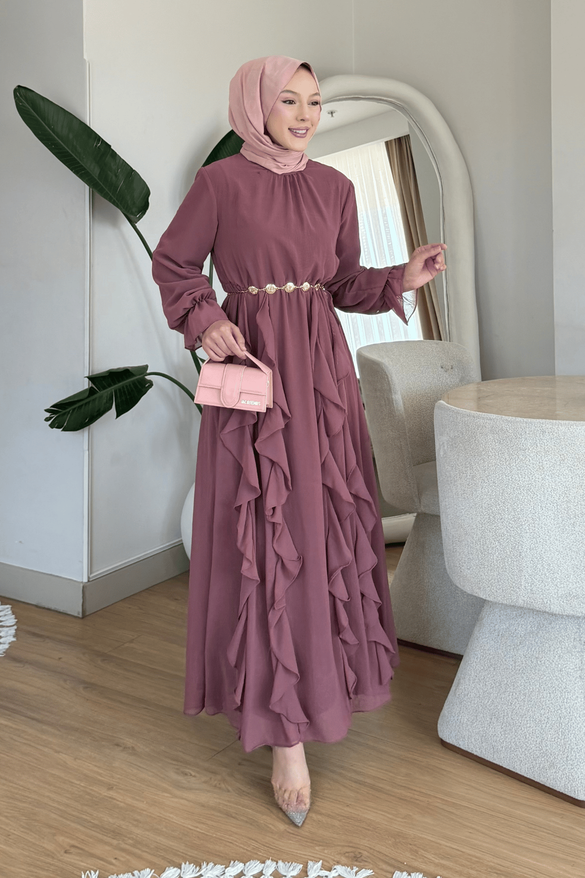 Rosella Kore Şifon Kumaş Astarlı Tesettür Elbise- Pembe