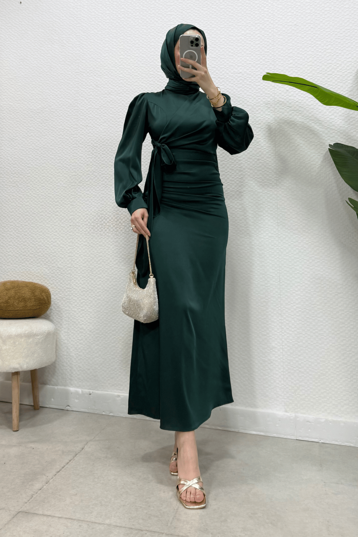Roya Model Yandan Bağlamalı Saten Abiye-Zümrüt