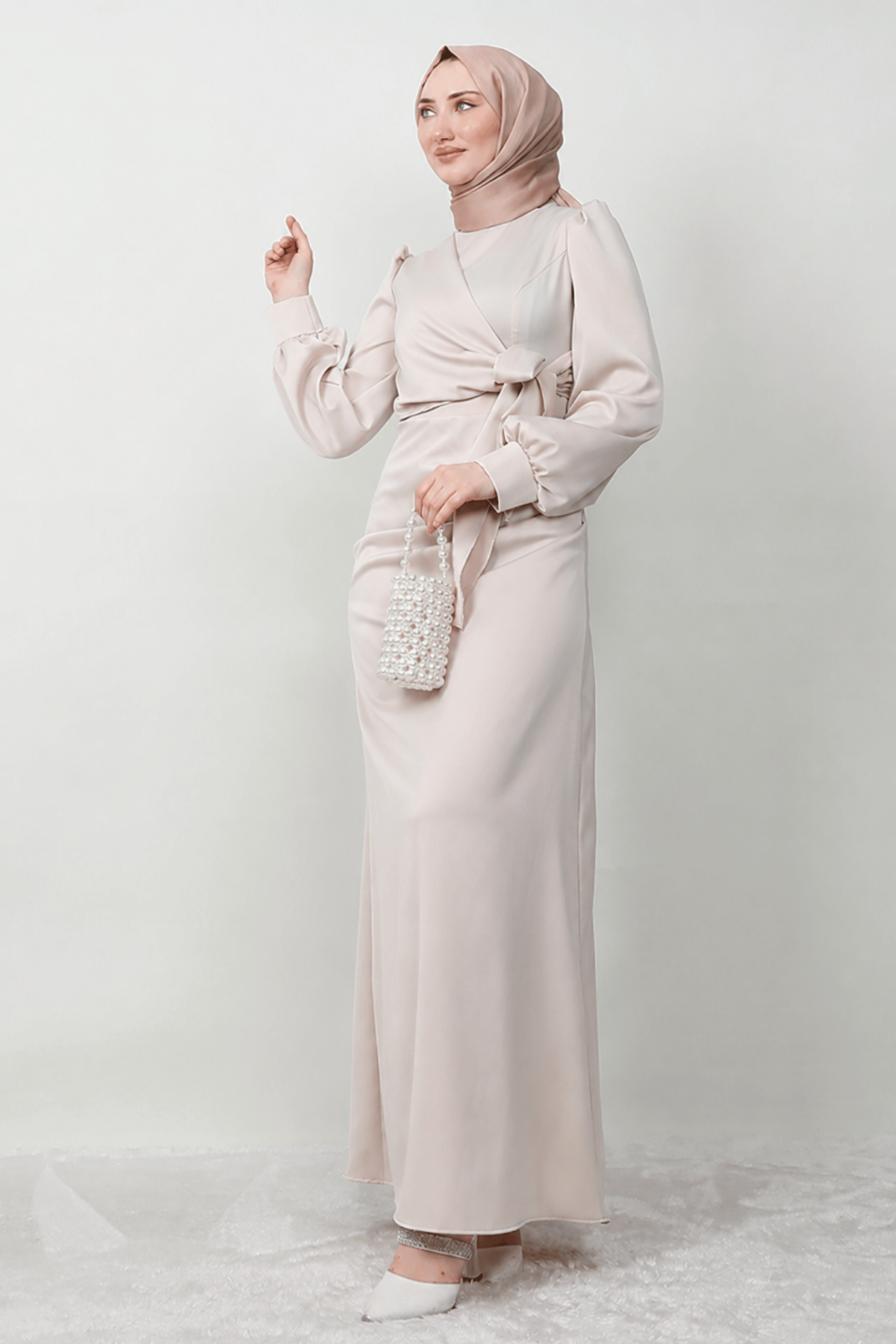 Roya Model Yandan Bağlamalı Saten Abiye-Taş
