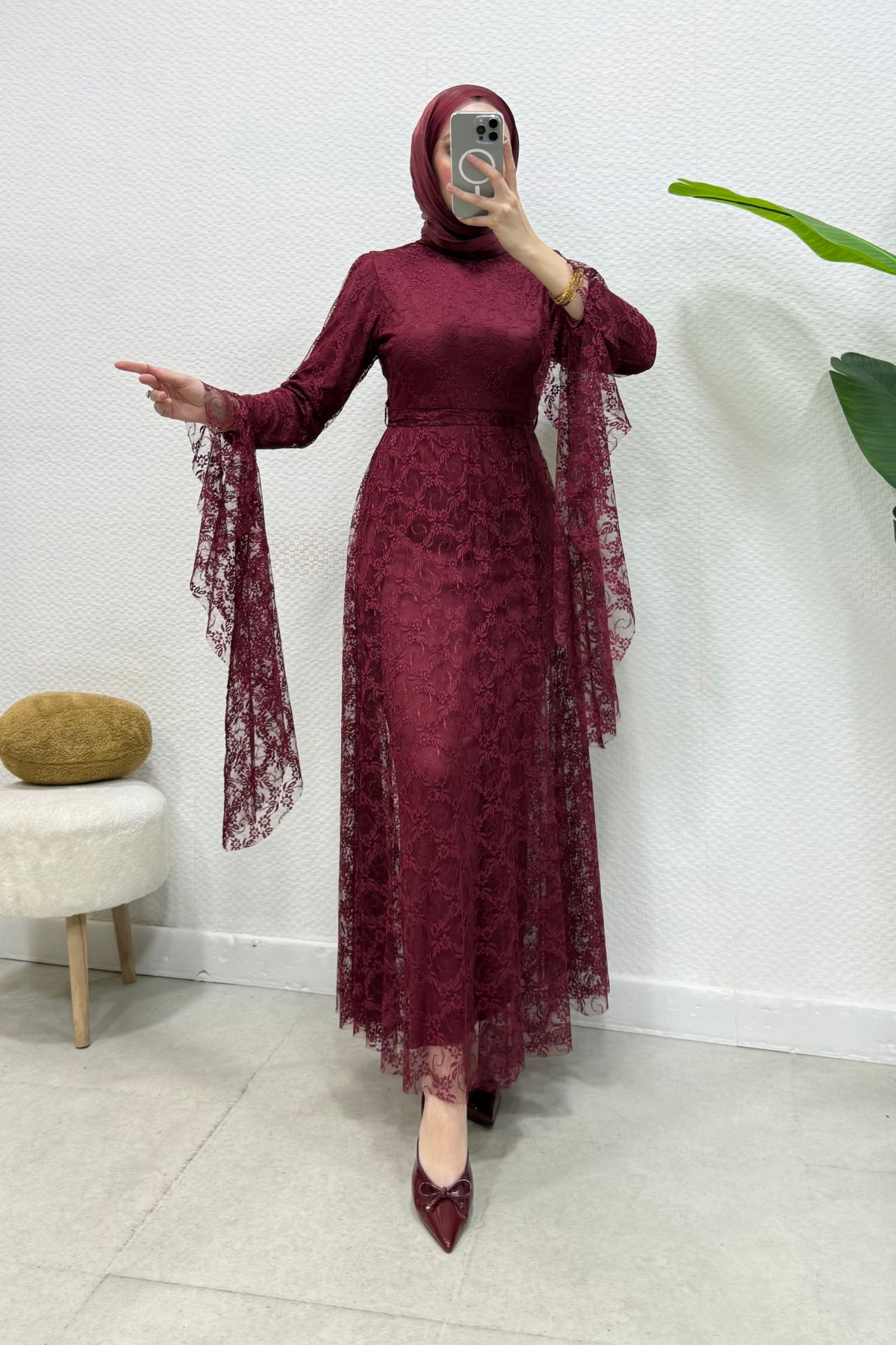 Zelal Kuşaklı Dantel Tesettür Abiye- Bordo