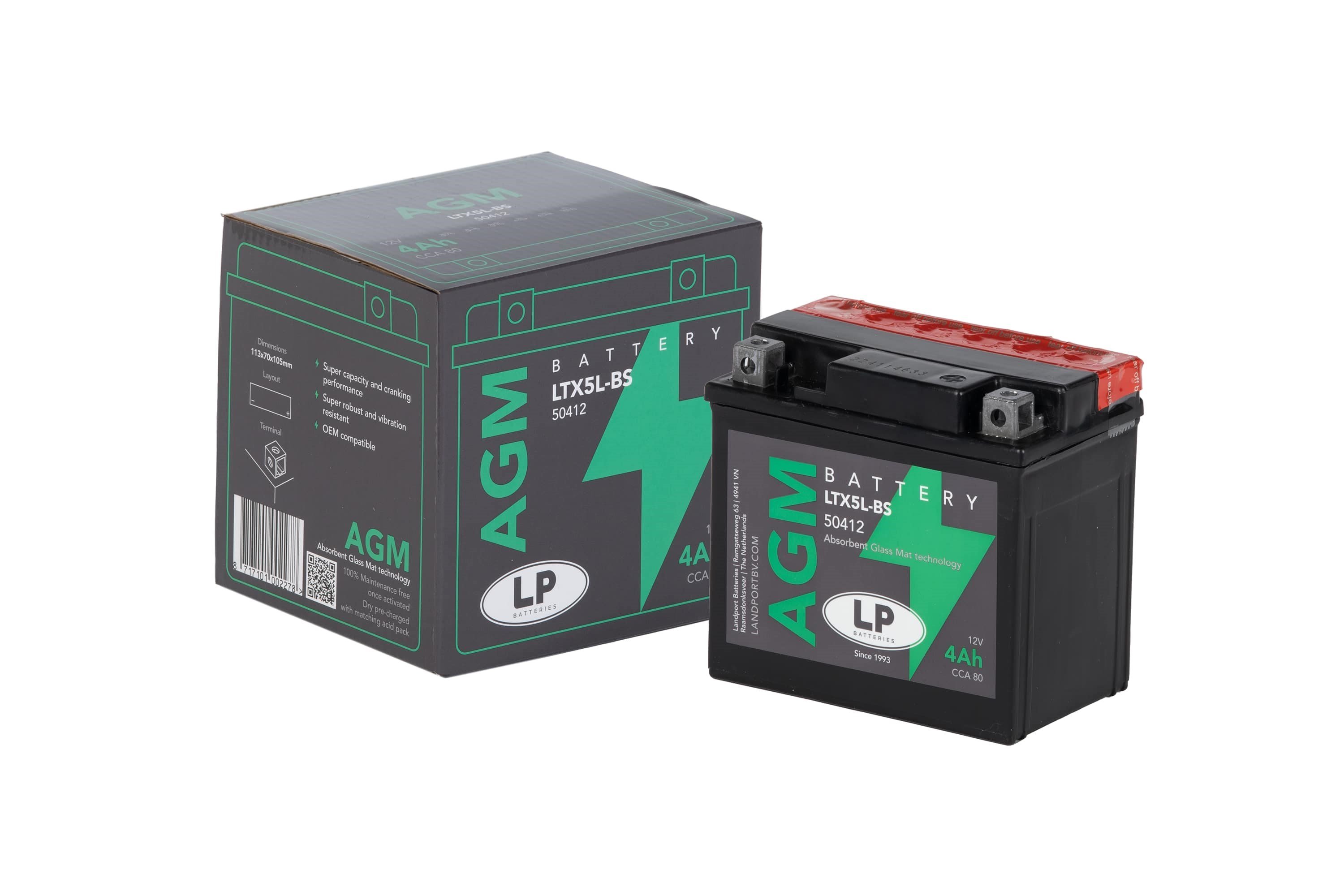 LP - LANDPORT AGM AKÜ (LTX5L-BS) / 4 A / KG: 1,67 / L:113 / W:70 / H:105 CCA: 80