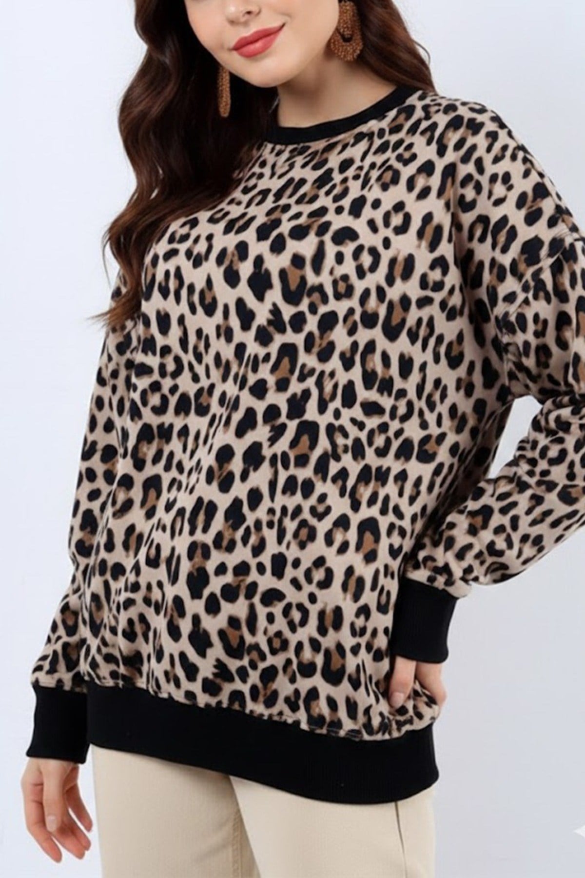 Kadın Leopar Baskılı Kalın Sweatshirt