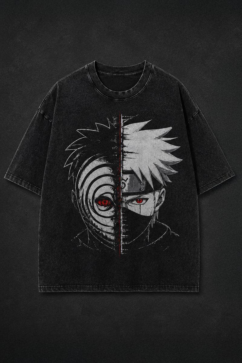 Siyah Yıkamalı Anime Naruto Kakashi ve Obito Unisex T-Shirt