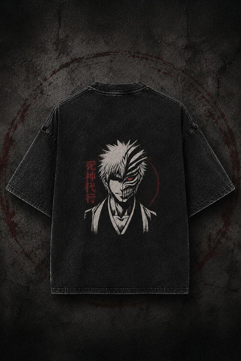 Siyah Yıkamalı Bleach Anime Ichigo Hollow Mask Unisex T-Shirt