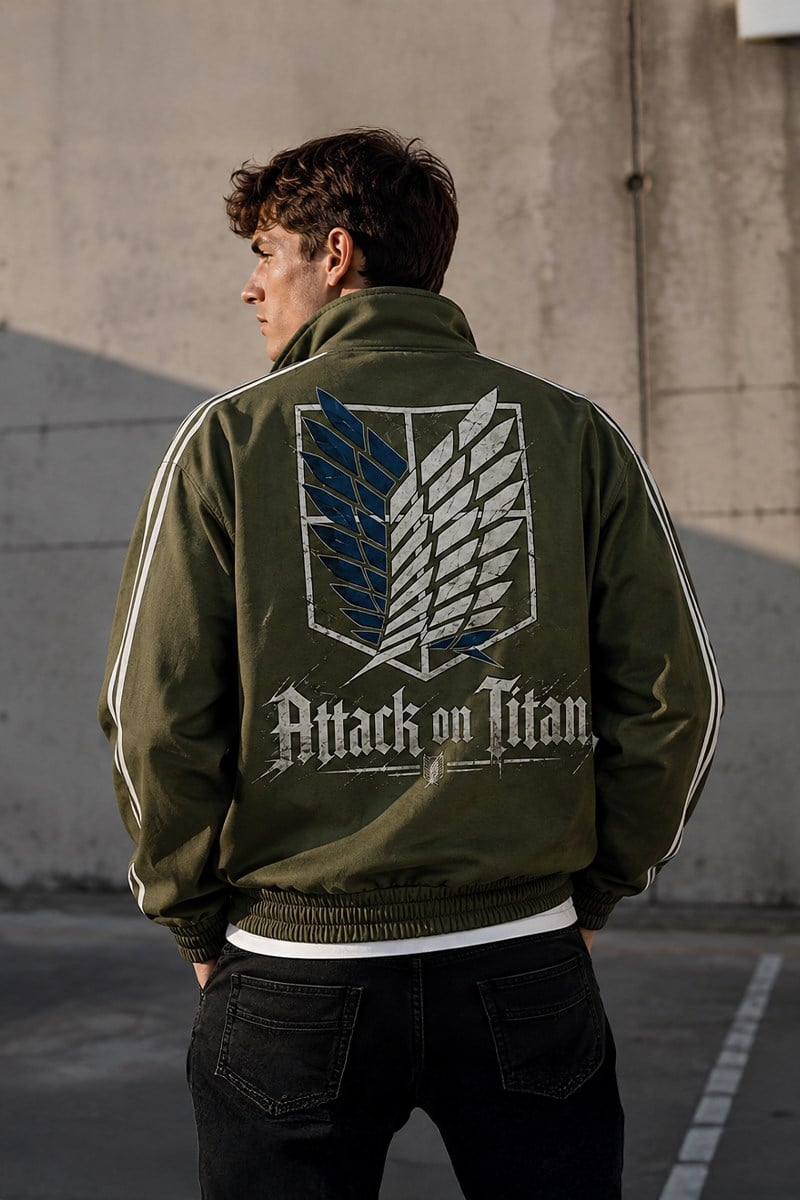 Anime Attack on Titan Haki Yeşil Unisex Kolej Ceket Şeritli Kalın 3 İplik Şardonlu Premium Ceket - Üretim Aşamasında