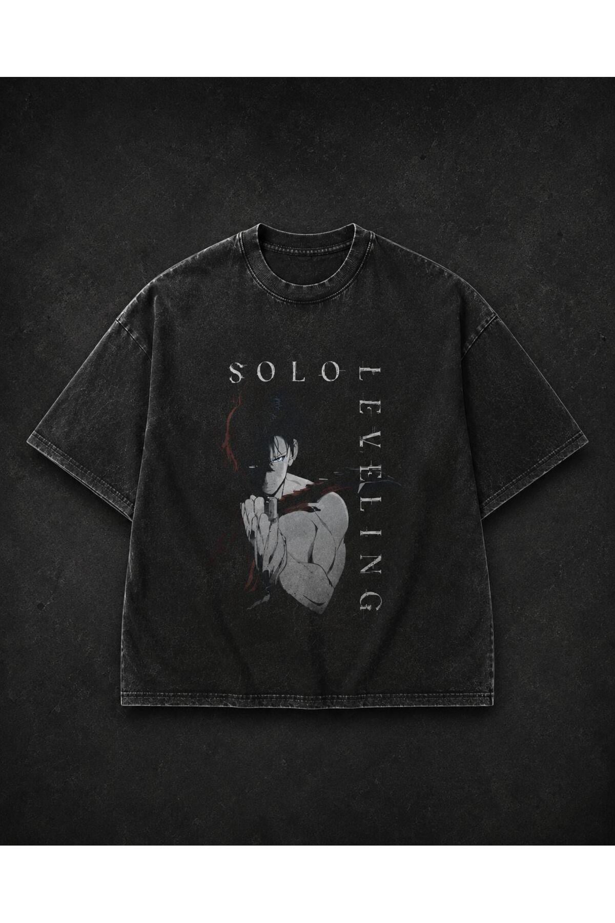 Anime Solo Leveling Sung Jin-woo Unisex Siyah Yıkamalı Retro Tişört - T-Shirt