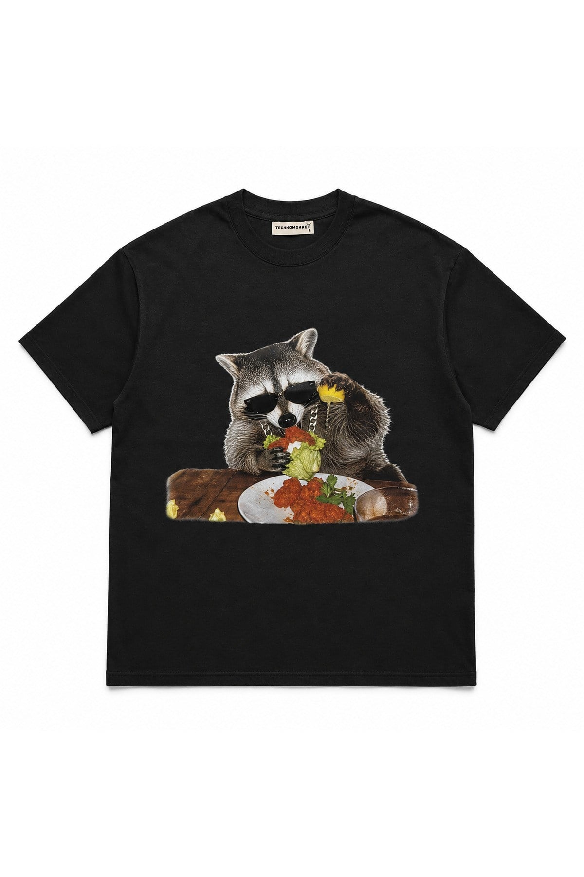 Çiğ Köfte Yiyen Cool Rakun Baskılı Funny Meme Siyah Unisex Pamuklu Tişört - T-Shirt