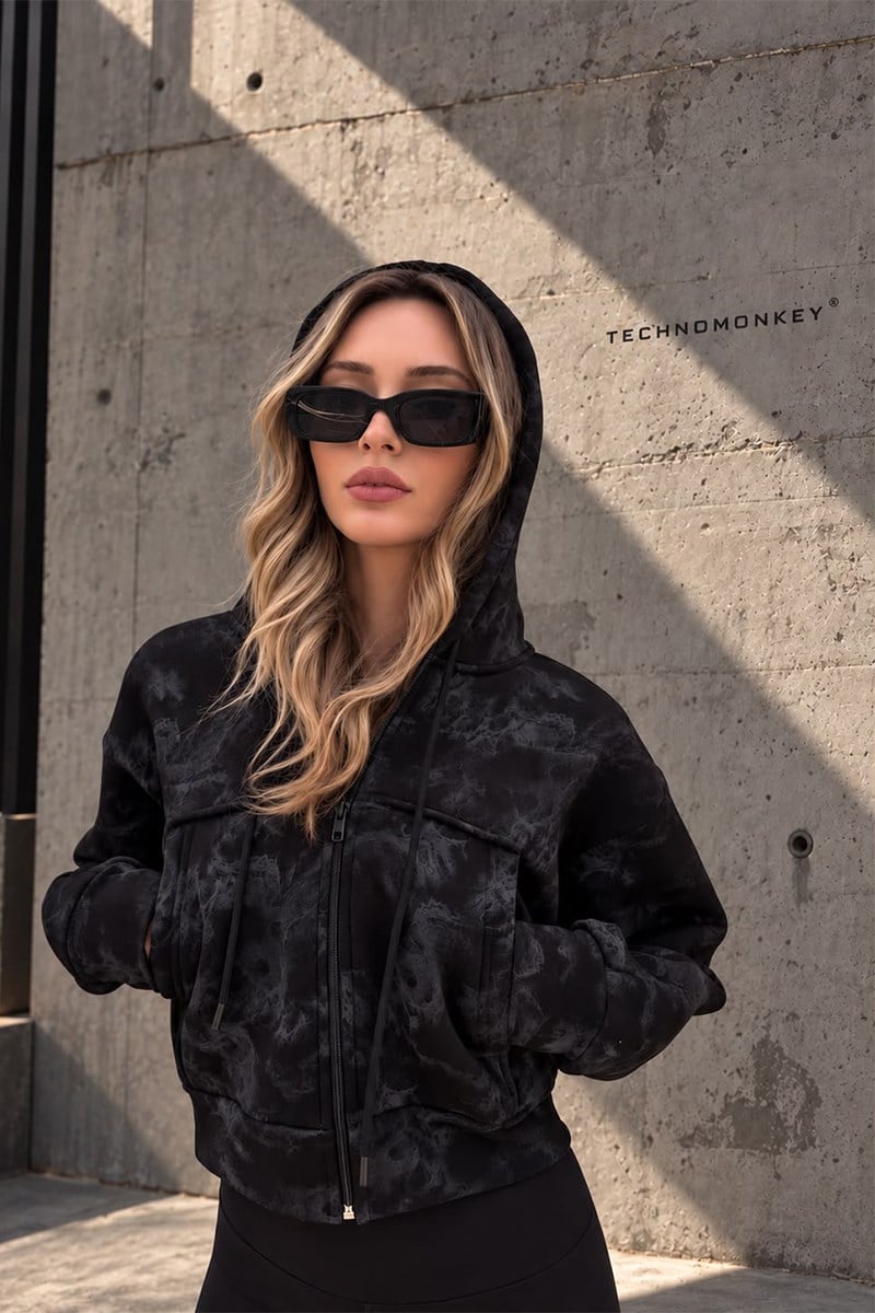 Crop Model Fermuarlı Kapüşonlu Galaktik Desen Yıkamalı Kalın Kumaş Kısa Sweatshirt Hırka - Hırka & Sweatshirt