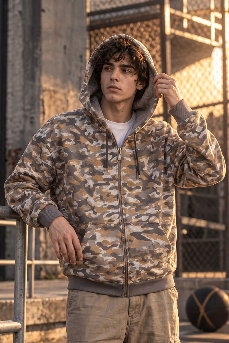 Erkek Kahverengi Bej Gri Kamuflaj Desenli Fermuarlı Kapüşonlu Kanguru Cepli 2 İplik Sweatshirt Hırka - Hırka & Sweatshirt