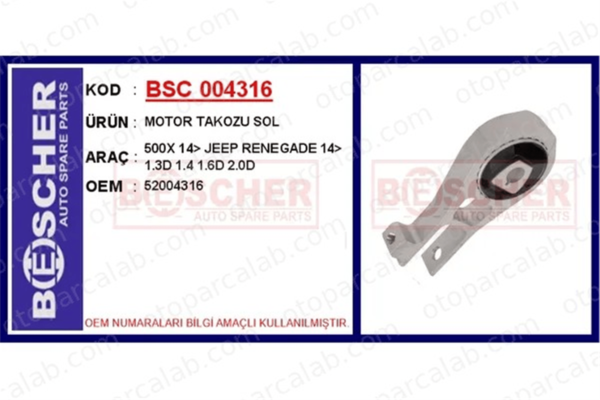 BESCHER 004316 Motor Takozu Ön FIAT 500X JEEP RENEGADE SUV 52004316