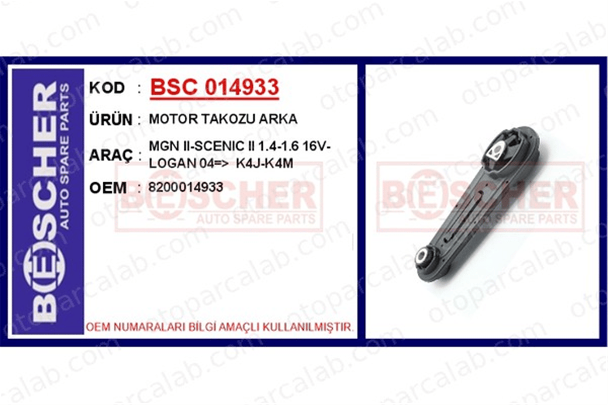 BESCHER 014933 Motor Takozu Arka RENAULT MEGANE II DACIA LOGAN 8200014933 112387053R