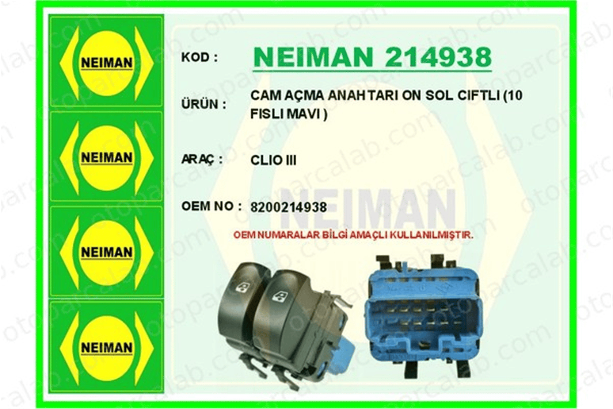 BESCHER 214938 Cam Açma Düğmesi Ön Sol RENAULT CLIO III CLIO III Grandtour 8200214938