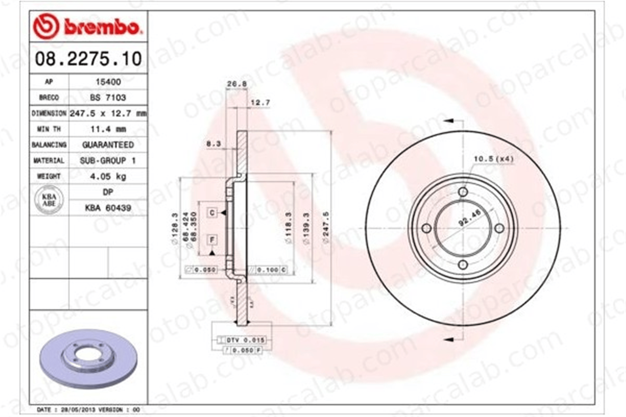BREMBO 08.2275.10 Fren Disk Ayna Ön Sağ ve Sol FORD TAUNUS TAUNUS 17M II 73BB1125CB 5022829